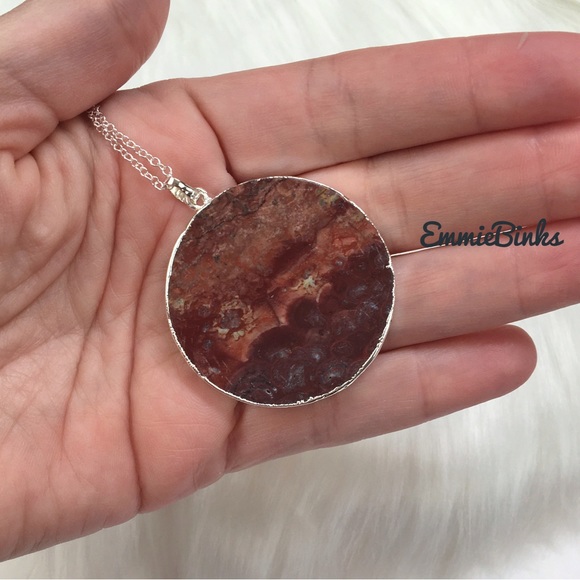 New 925 Sterling Silver Red Mexican Happy Lace Agate Slice Pendant Necklace - Picture 1 of 13